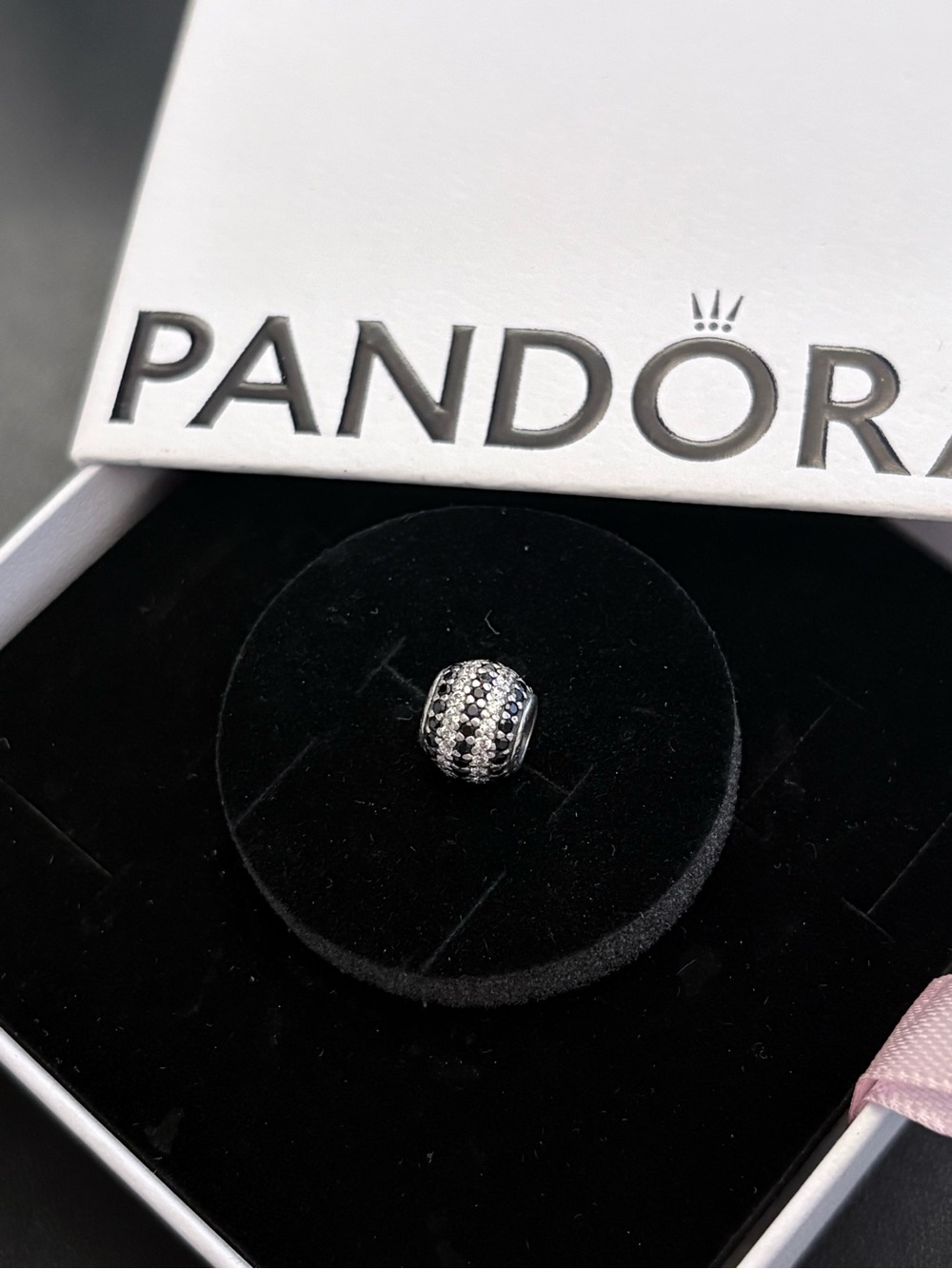 Pandora Sterling Silver Black and Clear Pavé Barrel Charm